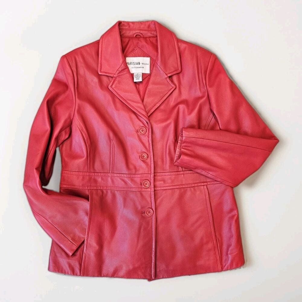 VTG 90's LN Parisian Red Leather Button Front Jacket Coat XL Blazer Moto Chic